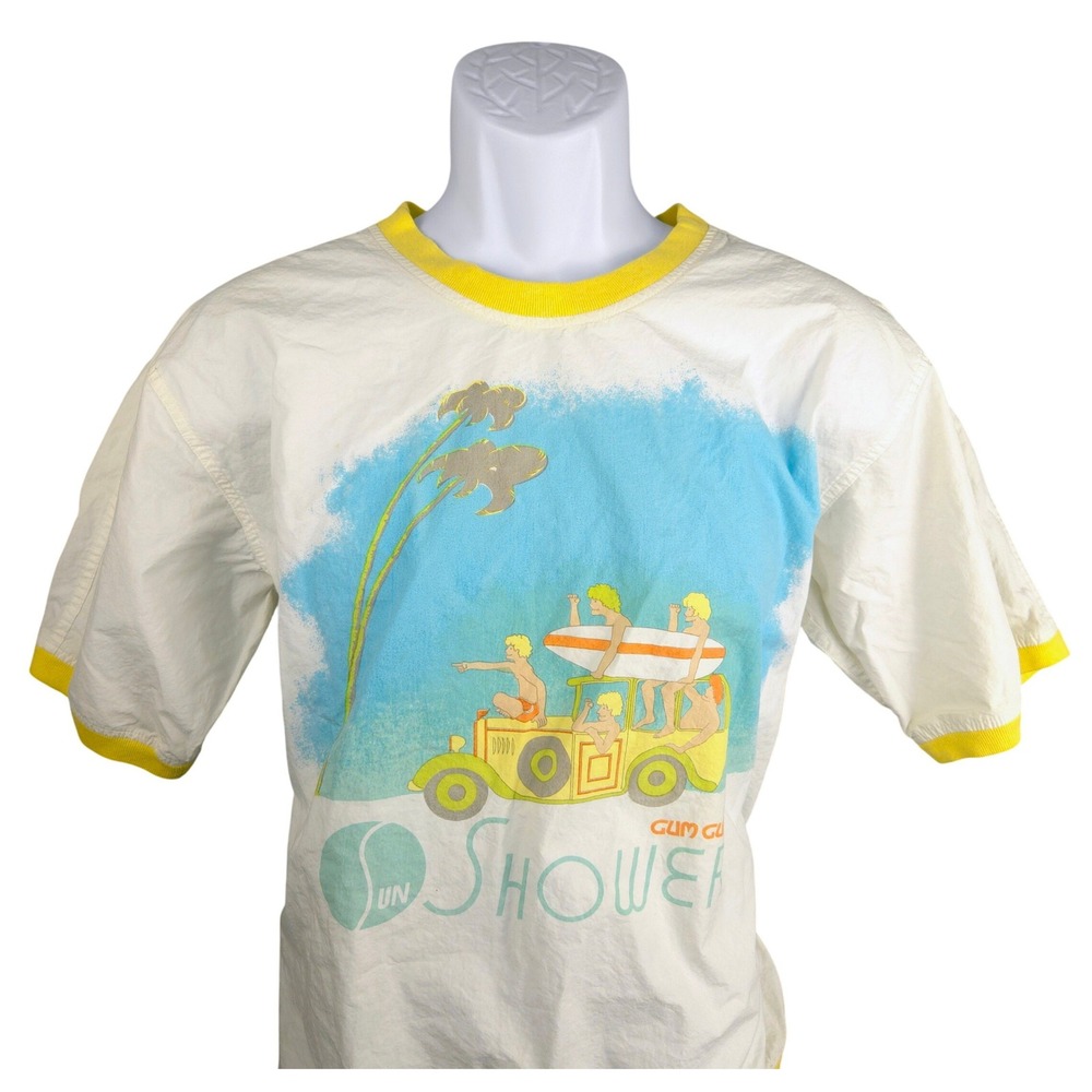 Vintage Sun Shower Gum Gum Ringer T-Shirt Mens Medium White Yellow Surf Japan